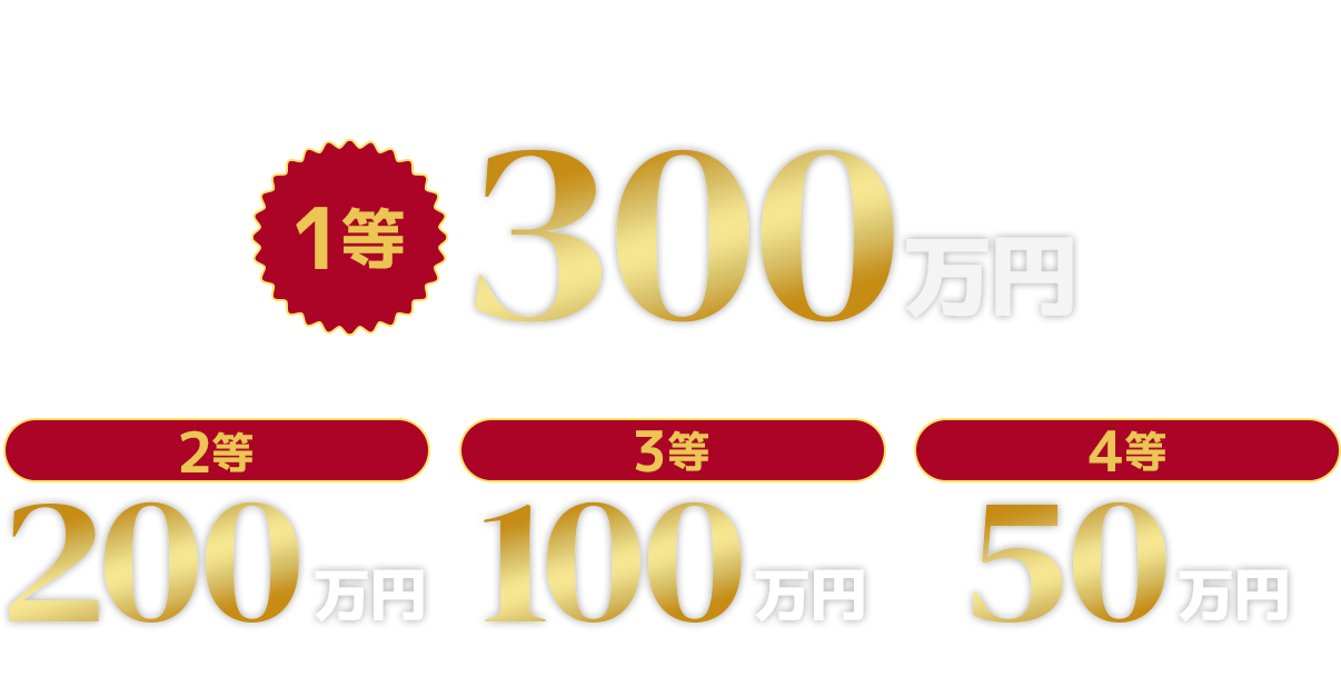 特典ラインナップ　1等　300万円（1口限定）　2等　200万円（1口限定）　3等　100万円（1口限定）　4等　50万円（1口限定）