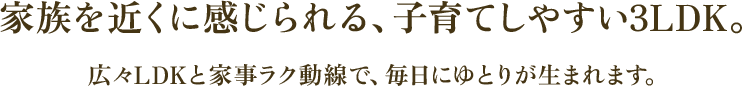 家族を近くに感じられる、子育てしやすい3LDK。広々LDKと家事ラク動線で、毎日にゆとりが生まれます。