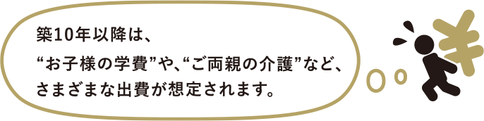 築10年以降は、“お子様の学費”や、“ご両親の介護”など、さまざまな出費が想定されます。